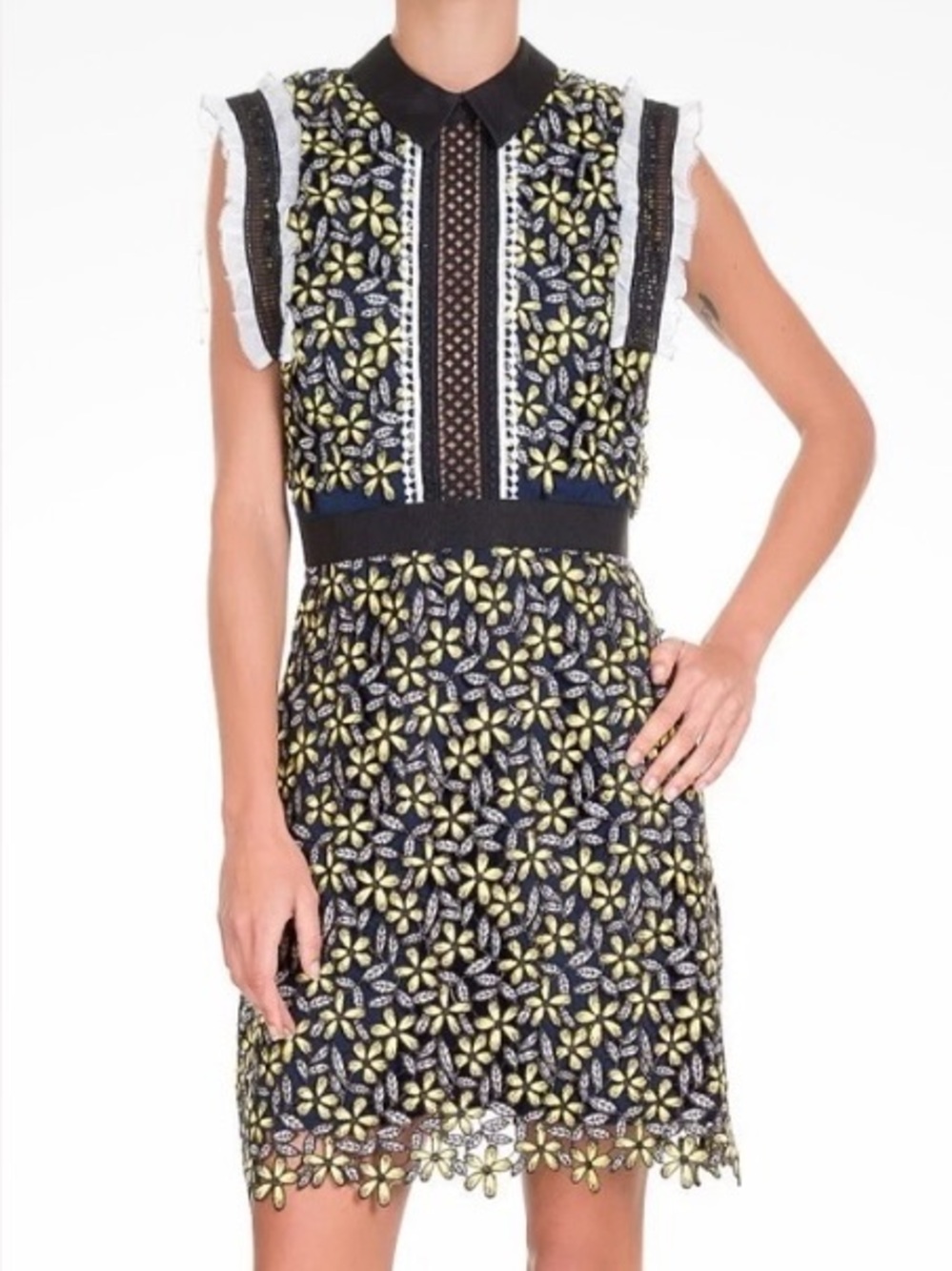 Self-Portrait Black Mini Dress with Yellow Floral Lace